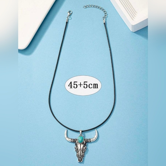 Silver and Turquoise Bull Skull Pendant Necklace - Picture 3 of 3